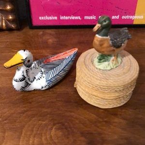 Duck Figurines - Ceramic Mallard Drake Jar and Wood Sculpture